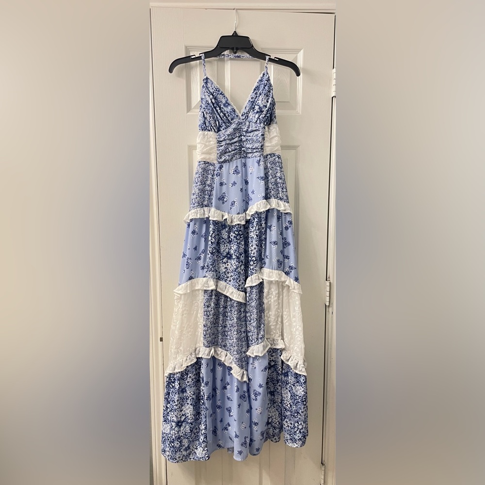 Altar’d State maxi floral blue and white dress.